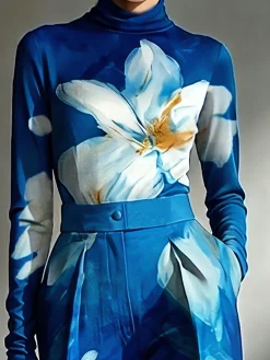Elegant Floral Printing Mock Neck T-shirt