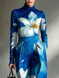 Elegant Floral Printing Mock Neck T-shirt