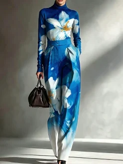 Elegant Floral Printing Mock Neck T-shirt