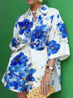 Elegant Floral Printing Shirt Collar Shirt
