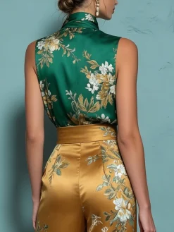 Elegant Floral Printing Stand Collar Blouse