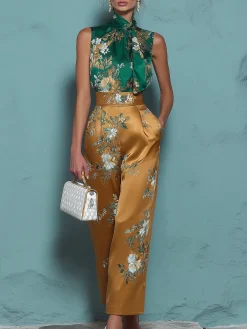 Elegant Floral Printing Stand Collar Blouse