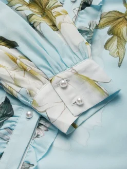 Elegant Floral Printing Stand Collar Balloon Sleeve Chiffon Blouse