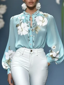 Elegant Floral Printing Stand Collar Balloon Sleeve Chiffon Blouse