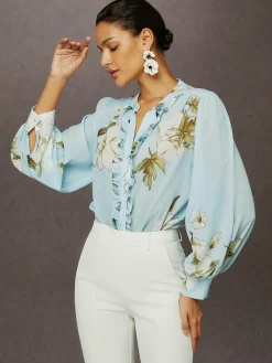 Elegant Floral Printing Stand Collar Balloon Sleeve Chiffon Blouse