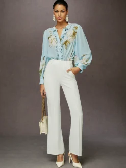 Elegant Floral Printing Stand Collar Balloon Sleeve Chiffon Blouse
