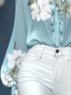 Elegant Floral Printing Stand Collar Balloon Sleeve Chiffon Blouse