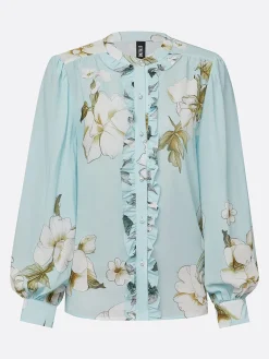 Elegant Floral Printing Stand Collar Balloon Sleeve Chiffon Blouse