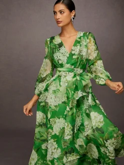 Elegant Floral Printing V-Neck Maxi Dress