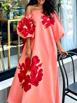 Elegant Floral Puff Sleeve Printing Asymmetrical Maxi Dress