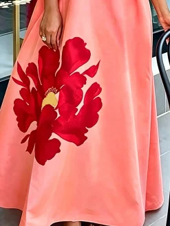 Elegant Floral Puff Sleeve Printing Asymmetrical Maxi Dress