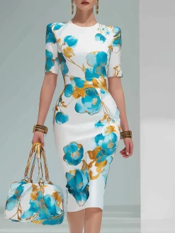 Elegant Floral Sheath Short Sleeve Round Neck Midi Dress