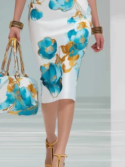 Elegant Floral Sheath Short Sleeve Round Neck Midi Dress