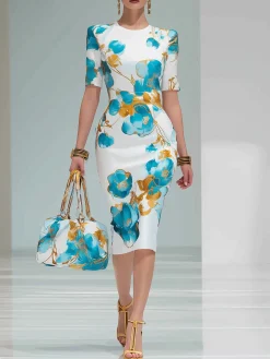 Elegant Floral Sheath Short Sleeve Round Neck Midi Dress