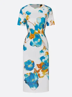 Elegant Floral Sheath Short Sleeve Round Neck Midi Dress