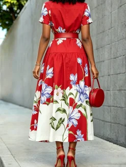 Elegant Floral Shirt Collar Maxi Dress No Belt