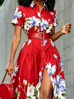 Elegant Floral Shirt Collar Maxi Dress No Belt