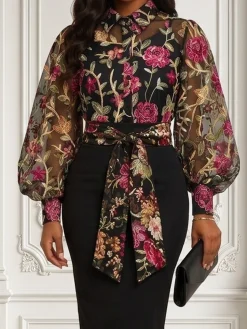 Elegant Floral Shirt Collar Shirt Belt