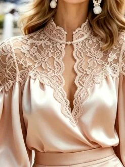 Elegant Floral Split Joint Stand Collar Balloon Sleeve Blouse
