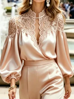 Elegant Floral Split Joint Stand Collar Balloon Sleeve Blouse