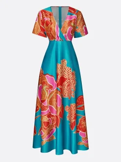 Elegant Floral V Neck Short Sleeve Dress