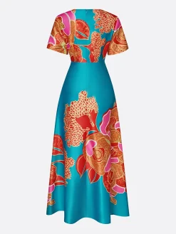 Elegant Floral V Neck Short Sleeve Dress