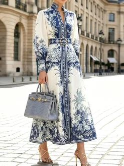 Elegant Geometric Balloon Sleeve Maxi Dress With Belt