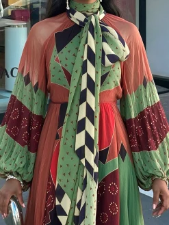 Elegant Geometric Balloon Sleeve Printing Tie Neck Maxi Dress