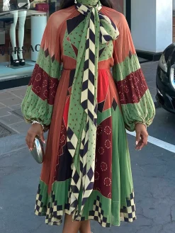 Elegant Geometric Balloon Sleeve Printing Tie Neck Maxi Dress