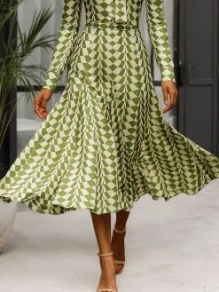Elegant Geometric Mock Neck Midi Dress