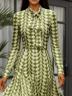 Elegant Geometric Mock Neck Midi Dress