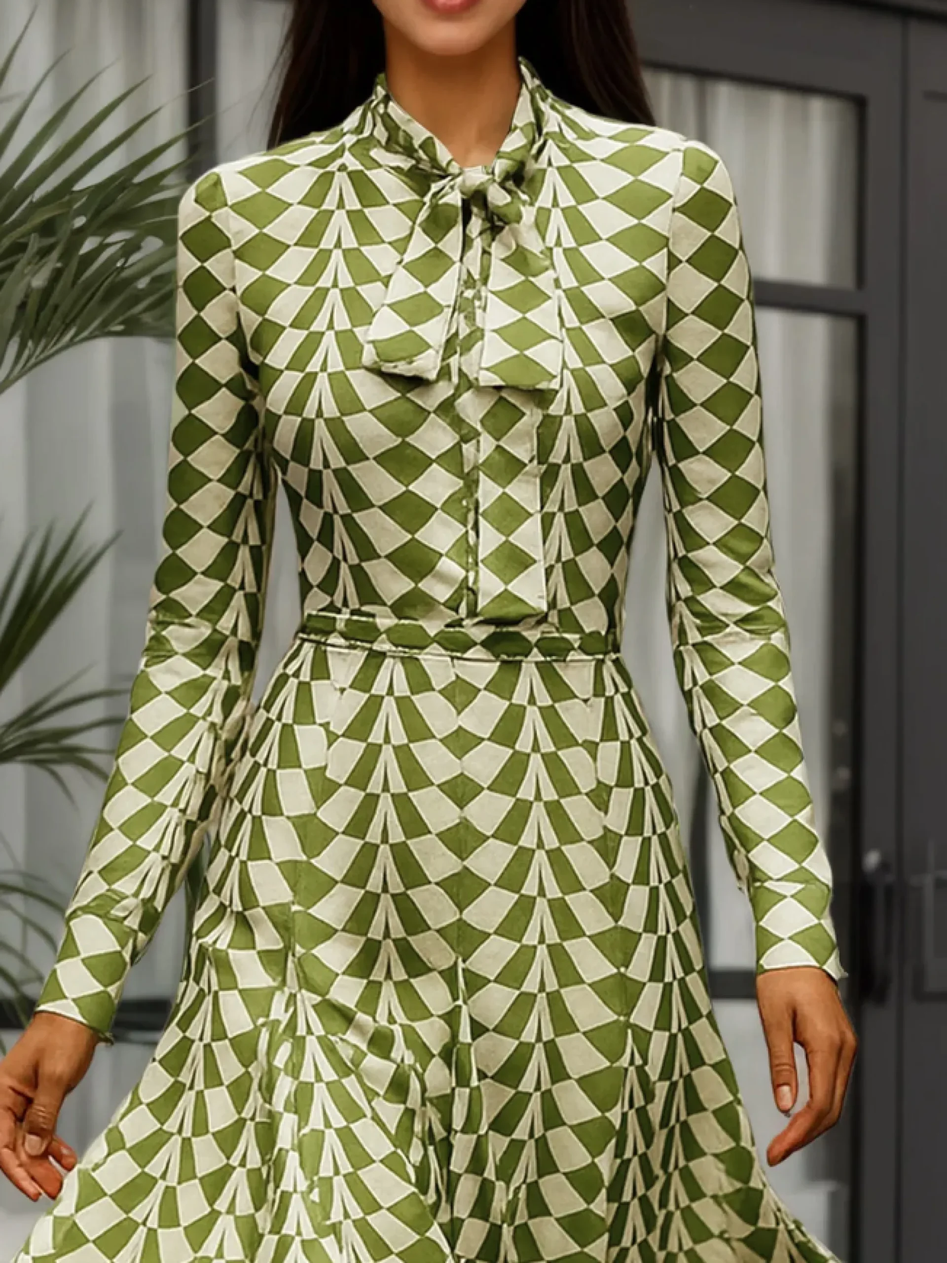 Elegant Geometric Mock Neck Midi Dress
