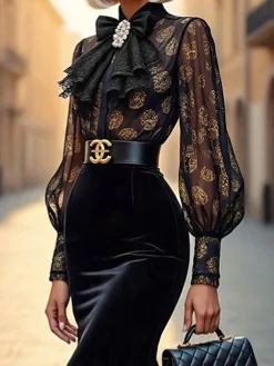 Elegant Geometric Printing Stand Collar Shirt