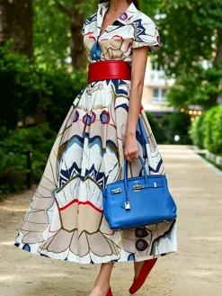 Elegant Geometric Printing Shawl Collar Maxi Dress No Belt