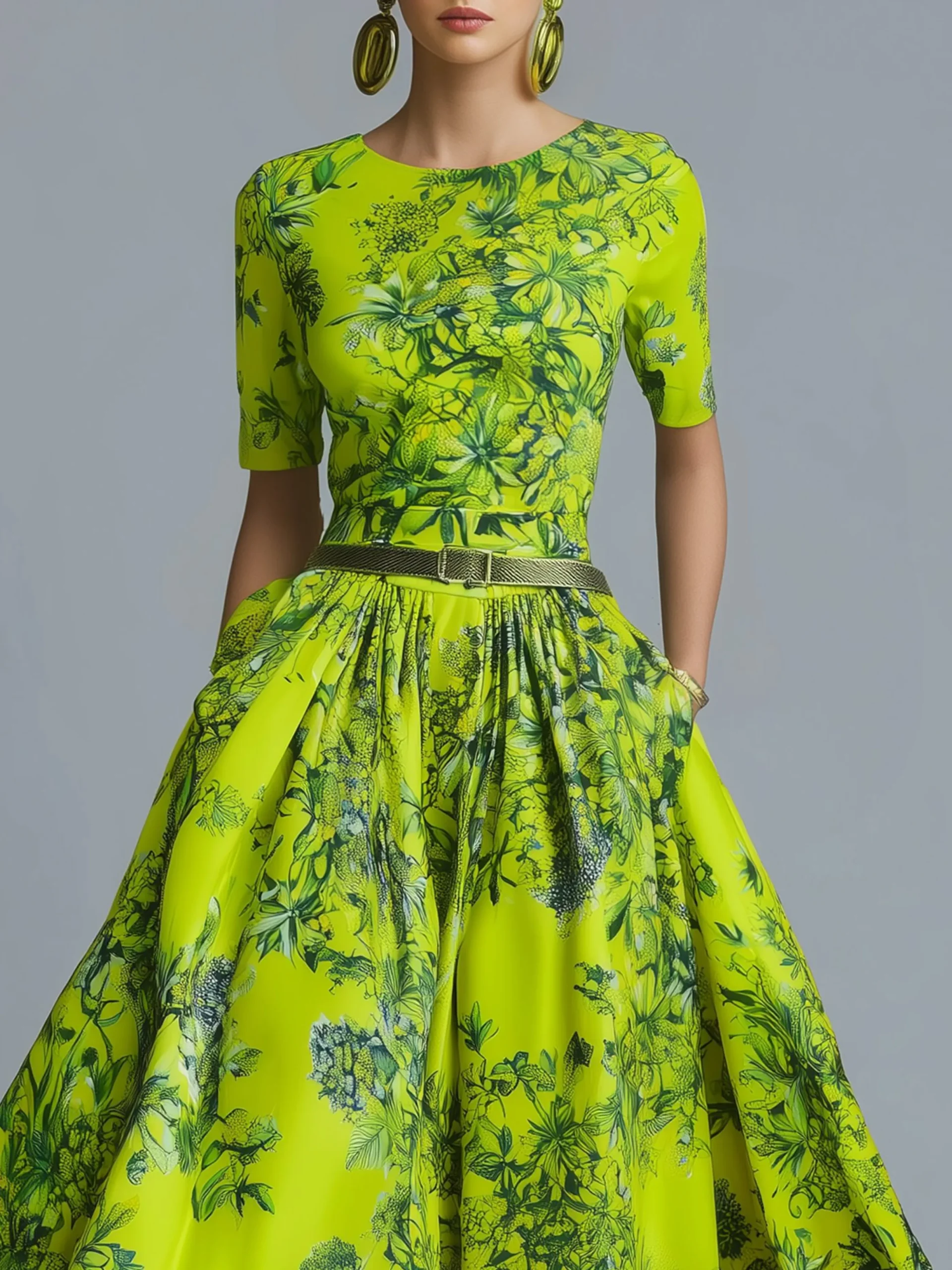 Elegant High Waist Maxi Dress X-Line Crew Neck Summer Event