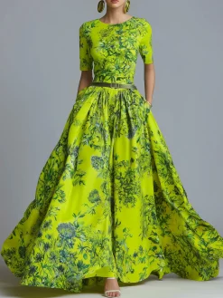 Elegant High Waist Maxi Dress X-Line Crew Neck Summer Event