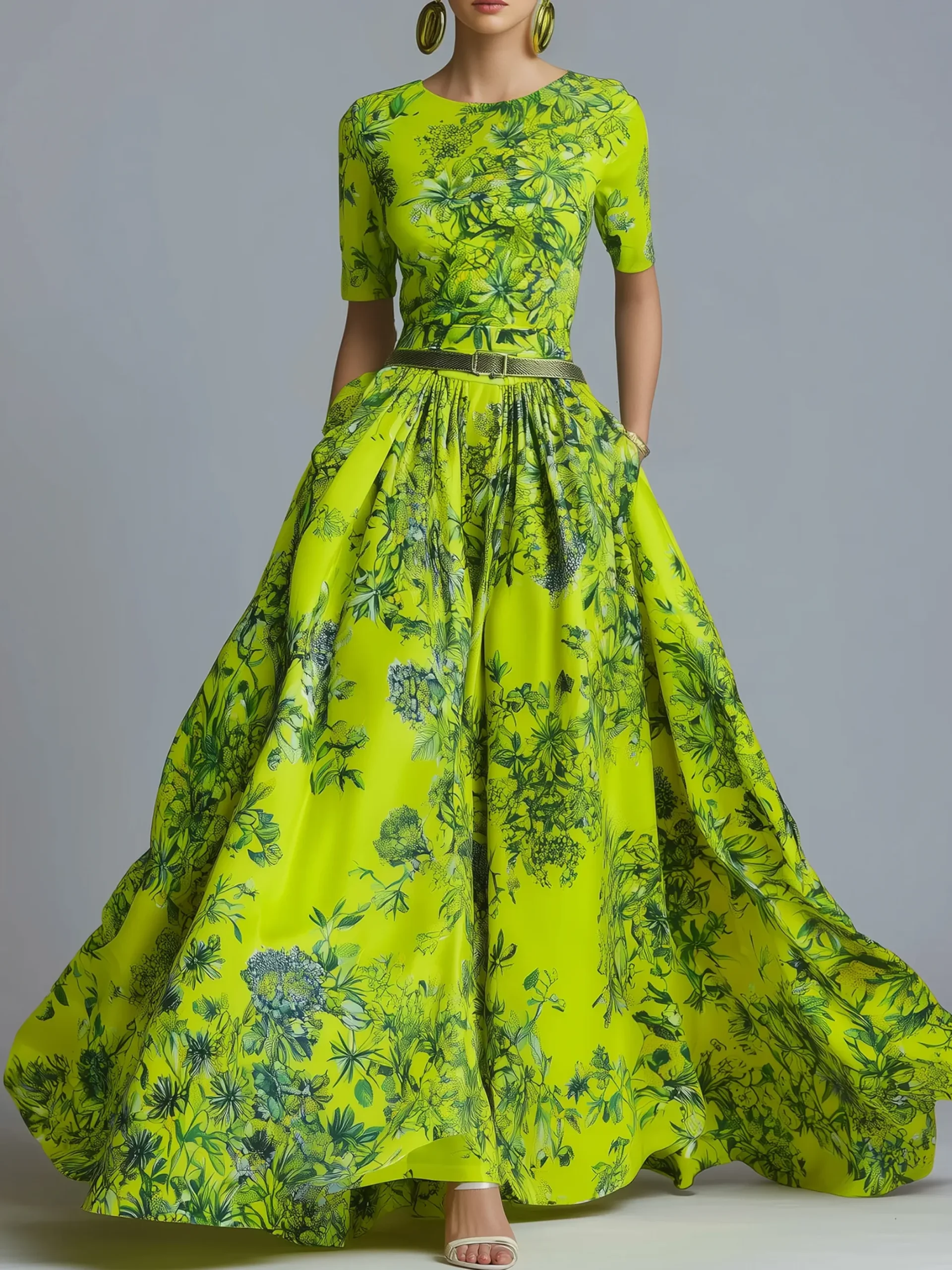 Elegant High Waist Maxi Dress X-Line Crew Neck Summer Event