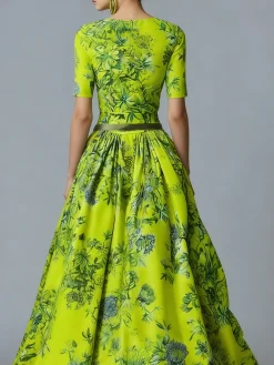 Elegant High Waist Maxi Dress X-Line Crew Neck Summer Event