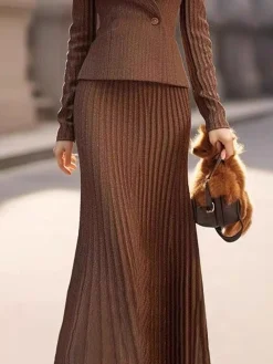 Elegant High Waist Pleated Knit Maxi Skirt