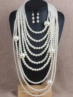 Elegant Jewelry Set Faux Pearl Handmade Beaded Multilayer Necklace And Earrings
