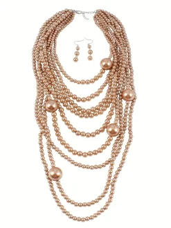 Elegant Jewelry Set Faux Pearl Handmade Beaded Multilayer Necklace And Earrings