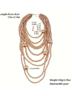 Elegant Jewelry Set Faux Pearl Handmade Beaded Multilayer Necklace And Earrings