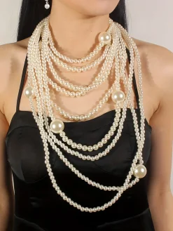 Elegant Jewelry Set Faux Pearl Handmade Beaded Multilayer Necklace And Earrings