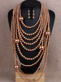 Elegant Jewelry Set Faux Pearl Handmade Beaded Multilayer Necklace And Earrings