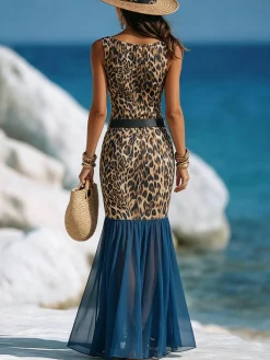 Elegant Leopard Boat Neck Maxi Dress No Belt