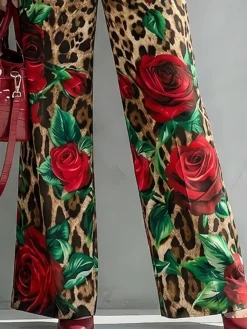 Elegant Leopard Floral Printing Wide Leg Pants