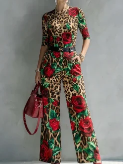 Elegant Leopard Floral Printing Crew Neck T-shirt