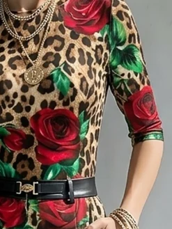 Elegant Leopard Floral Printing Crew Neck T-shirt