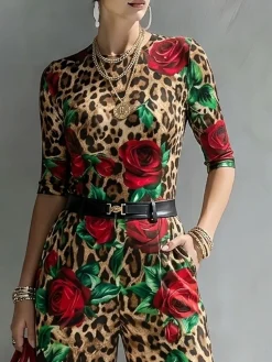 Elegant Leopard Floral Printing Crew Neck T-shirt