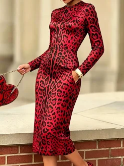 Elegant Leopard Printing Crew Neck Midi Dress